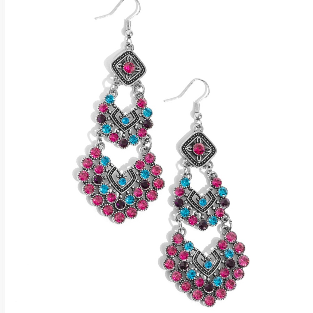 Paparazzi Silver, Pink, and Blue Chandelier Earrings
